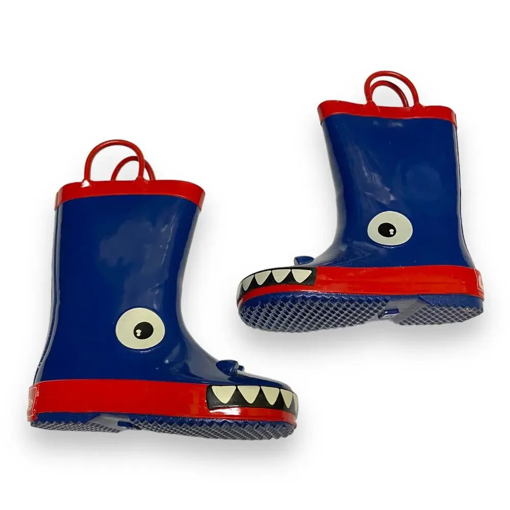 Wootie Boys Rain Boots Size 8 Blue Red White Crocodile Rubber‎ Puddle Stompers